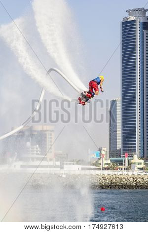 Extreme sportsman on flaybord performs tricks in the competitions in extreme sports in Dubai,UAE