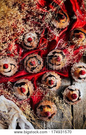 Delicious Chocolate Cupcakes With Berries On Wodeen Table, Top V