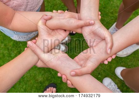 Five arms with hands of girls holding each other joining above grass