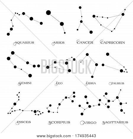 Set of twelve constellations. Zodiacal circle. Isolated on white background. Starry sky. Black stars. Horoscope predictions and prophecies. Vector illustration.