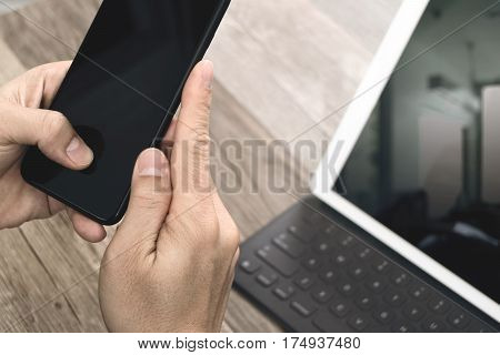 Hand Using Mobile Payments Online Shoppingomni Channelicon Customer Networkin Modern Office Wooden D