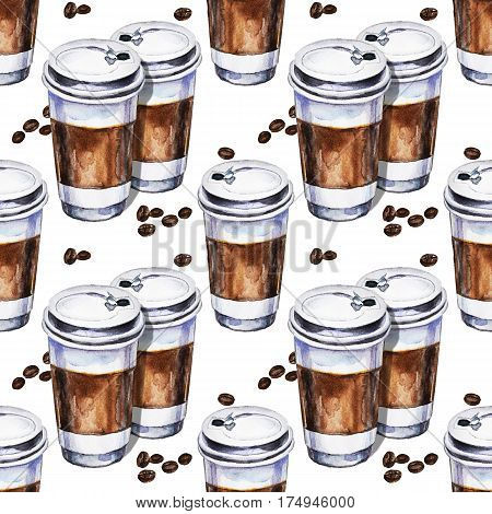 Watercolor seamless pattern with two disposables cups of coffee and coffee beans. Hand painted illustration