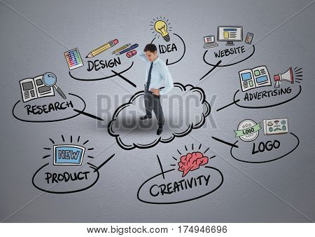 Digital composite image of thoughtful businessman with business plan against grey background