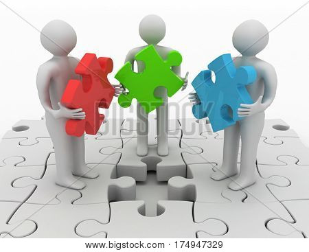 3d people holding different puzzle pieces standing on puzzle with missing piece