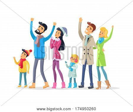 Family and friends in warm winter clothes celebrate New Year and look up. Joyful young man with raised hands, woman in Snow-maiden cap and children and adults together enjoy life vector illustration