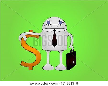 Unhappy business robot with suitcase and money symbol. vector illustration