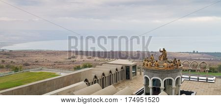 GALILEE ISRAEL - DECEMBER 3: The statues of Jesus and Twelve Apostles in Domus Galilaeae on the Mount of Beatitudes near the Sea of Galilee Israel on December 3 2016