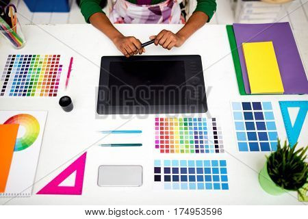 Wacom tablet, palettes and other design tools on workplace