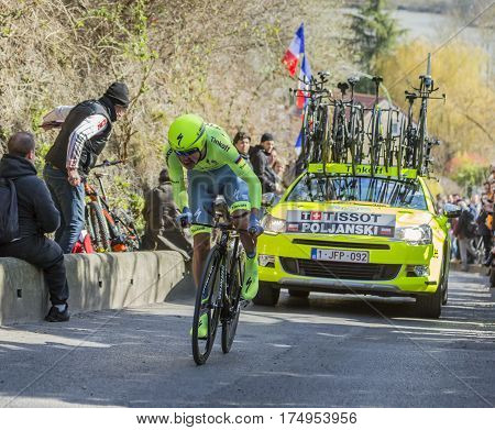 Conflans-Sainte-HonorineFrance-March 62016: The Polish cyclist Pawel Poljanski of Tinkoff Team riding during the prologue stage of Paris-Nice 2016.