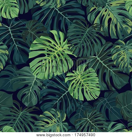 Seamless tropical pattern with green monstera plam leaves on dark background. Exotic hawaiian fabric design. Vector illustration.