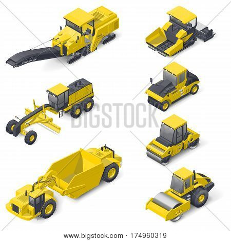 Transport for laying and repair of asphalt isometric icon set vector graphic illustration