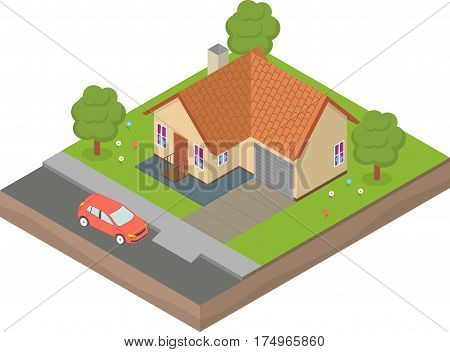 The house is in isometric yard and car