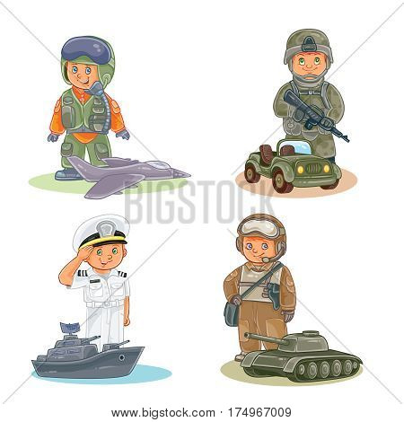 Set of icons of small children airman, soldier, sailor and tanker