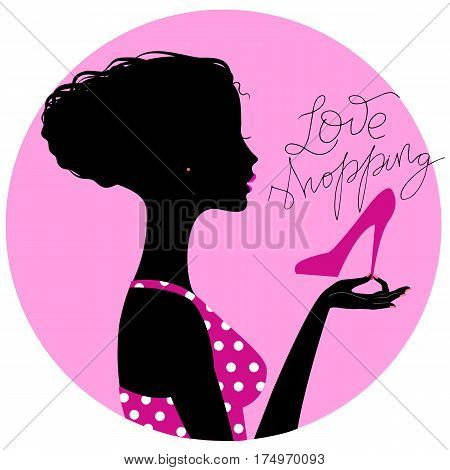 Silhouette of young beautiful woman bying new shoes, illustration for sale banner, flyer or signboard