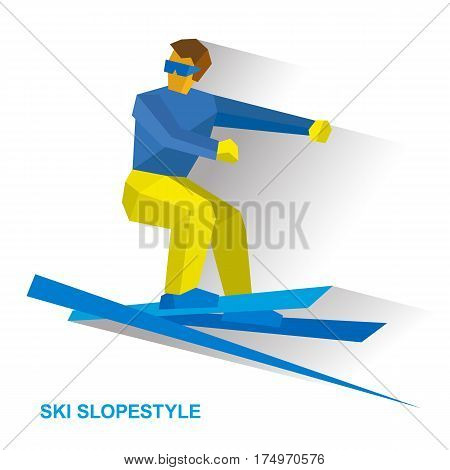 Winter Sports - Ski Slopestyle. Freestyle Skier Jumps An Obstacle