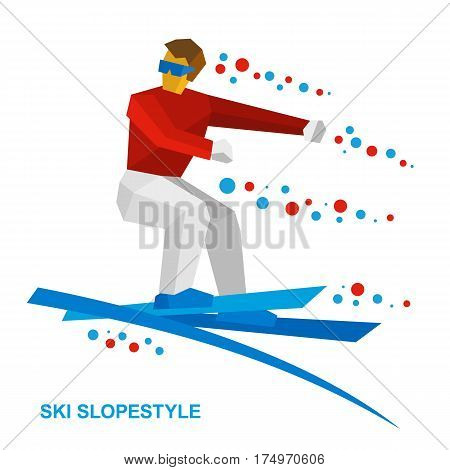 Winter Sports - Ski Slopestyle. Freestyle Skier Jumps An Obstacle
