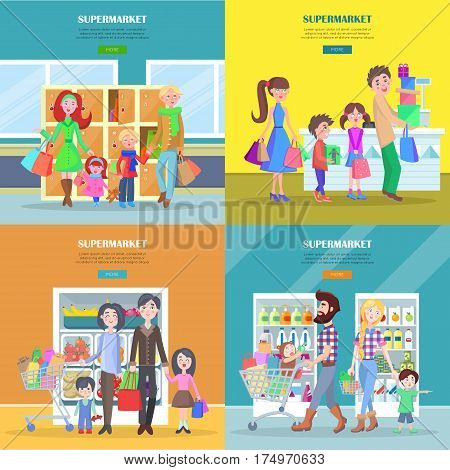 Happy families have shopping in big supermarket web banner. Different departments of store entrance, grocery and dairy product near cash register vector illustration. People buying necessary goods.