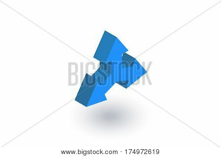 Three-way direction arrow isometric flat icon. 3d vector colorful illustration. Pictogram isolated on white background