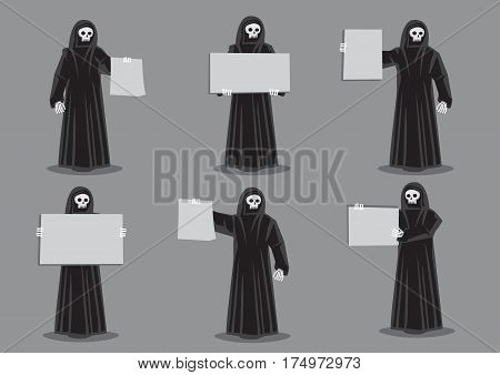 Set of six vector illustration of cartoon skeleton dressed in long black robe and holding blank placard with copy space isolated on grey background for horror and halloween concept.