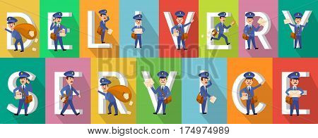 DELIVERY SERVICE colourful picture collection of pictures with postman character set near white capital letters. Mailmen walking, carrying envelopes and parcels, hurrying and losing letters.