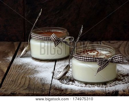 Dessert Panna Cotta On Wooden Background. Panacotta