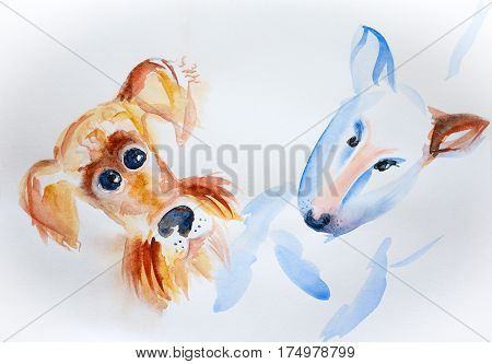 Airedale terrier and bull terrier painted in watercolor on paper