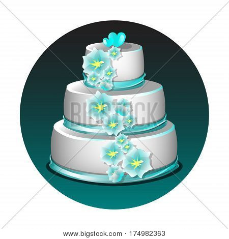 White wedding cake with blue flowers isolated