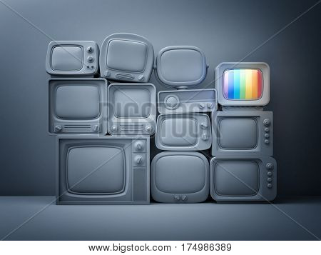 Pile of retro TV with one in standby - night scene. 3d illustration
