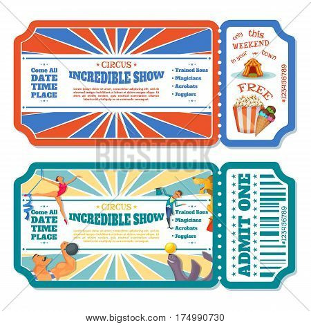 Circus magic show entrance tickets templates. Vector illustration.