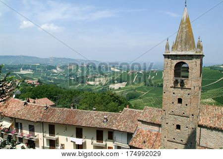 Serralunga d'Alba, Italy 15 July 2012: View from fort of Serralunga d'Alba to the vineyards in Piedmont, Italy