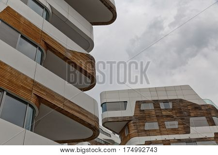 MILAN ITALY-September 2015: Urban Geometry looking towards gap between two residential buildings. New modern residential building houses of City Life business and residential district in Milan. Designed by Zaha Hadid Architects