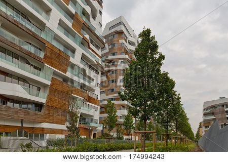 MILAN ITALY-September 2015: Urban Geometry of new modern residential building houses of City Life business and residential district in Milan. Designed by Zaha Hadid Architects