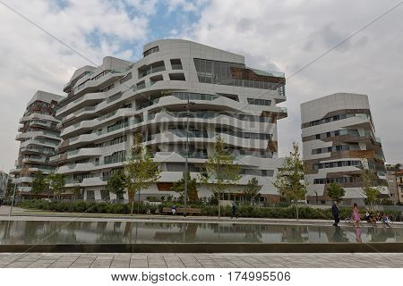 MILAN ITALY-September 2015: Urban Geometry of new modern residential building houses of City Life business and residential district in Milan. Designed by Zaha Hadid Architects