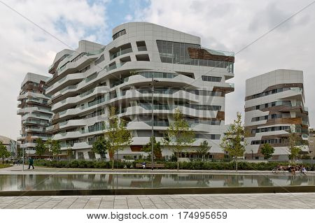MILAN ITALY-September 2015: Urban Geometry of new modern residential building houses of City Life business and residential district in Milan. Designed by Zaha Hadid Architects