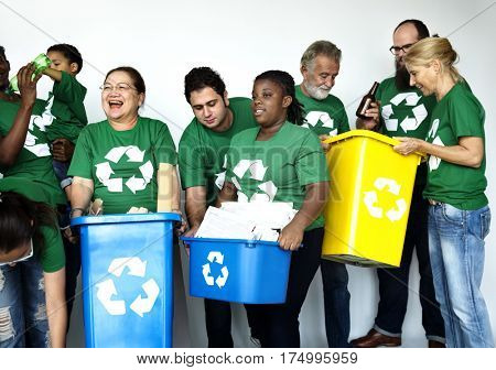 Ecology group of people smiling and cleaning