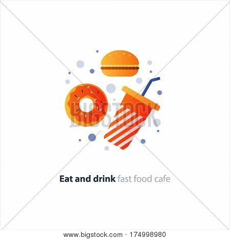 Doughnut and tumbler glass with straw, fast food cafe concept, sweet donut with frosting and sprinkes, vector flat design illustration
