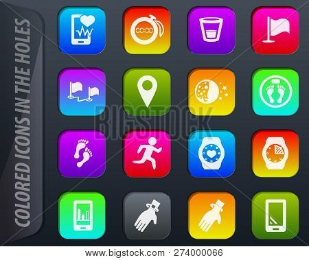 Joggin And Workout Modern Monitoring Apps Vector Colored Icons In The Holes Easily Adapt To Any Back