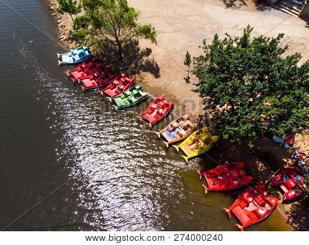 Aerial Drone View Of Aydos Forest Lake With Summer Pedalo Boats In Istanbul. Natural Life