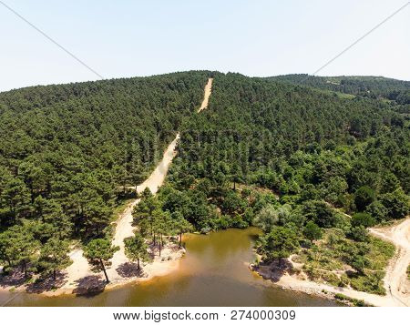 Aerial Drone View Of Aydos Forest Lake In Istanbul. Natural Life.