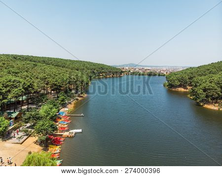 Aerial Drone View Of Aydos Forest Lake With Summer Pedalo Boats In Istanbul