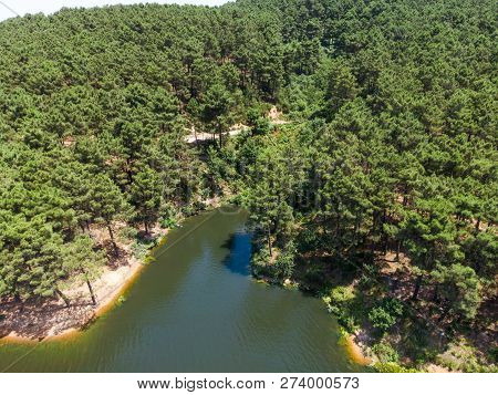 Aerial Drone View Of Aydos Forest Lake In Istanbul