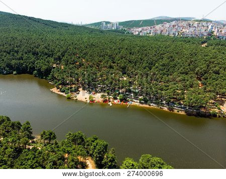Aerial Drone View Of Aydos Forest Lake In Istanbul