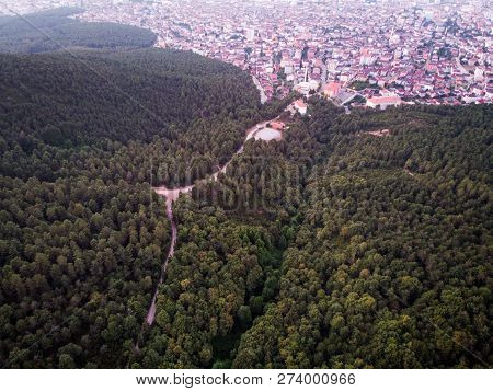 Aerial Drone View Of Istanbul Sultanbeyli Region / Forest And City / Cityscape.