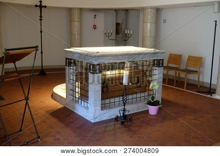 HEGNE, GERMANY - JULY 11, 2018: Sarcophagus of Blessed Ulrika Nisch, also known as Ulrika von Hegne in the crypt of the Convent of the Sisters of the Holy Cross in Hegne, Germany