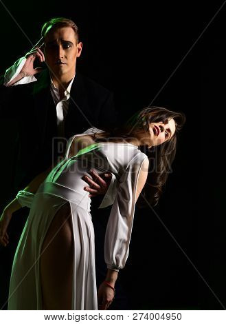 Greatest Love Story. Mime Man And Woman Act In Romantic Scene. Couple Of Mime Artists Perform Romanc