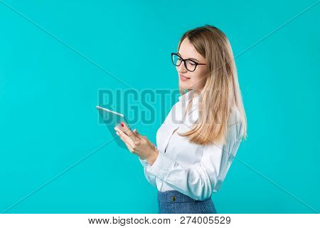 Portrait Young Caucasian Woman Worker Teacher Trainer Mentoring In White Shirt Office Style Long Hai