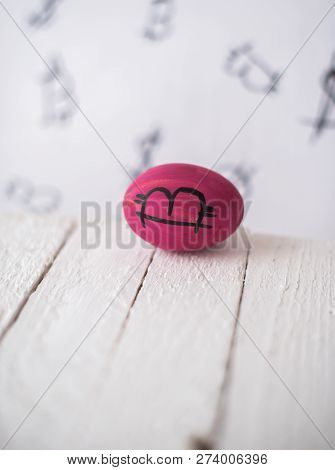 Bitcoin Eggs On A Wooden Blurred Background.