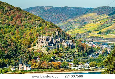 View Of Reichenstein Castle In The Upper Middle Rhine Valley. Unesco World Heritage In Germany