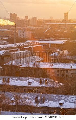 Aerial View Of The Residential Neighborhood In Winter. Moscow Region, Russia.