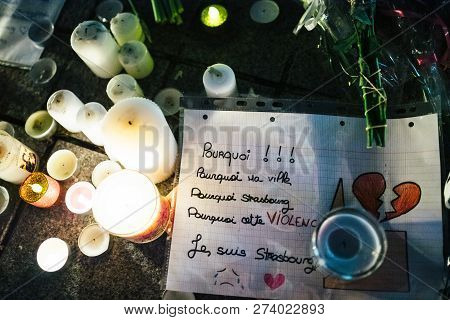 Strasbourg, France - Dec 13, 2018: Large Crowd Of People Mourners Gathered Near General Kleber Statu